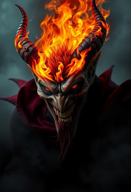Photorealistic fantasy demon humanoid flames as hair, burning iris, black and red cloack, bloody smile, hoovering a dark scenery, foggy, ashes, terror horror movie poster