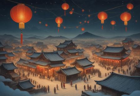vintage painting of a rustic chinese village celebrating a winter festival, lanterns in sky, night time, warm glow, stars are shining in the sky, massive city,