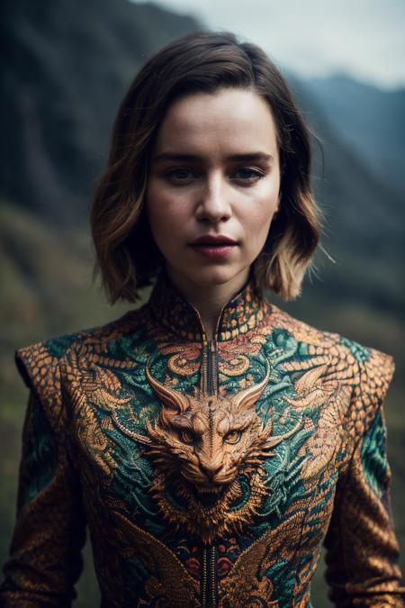 A stunning intricate full color up close portrait of eck , wearing a dragon pattern dress, epic character composition, by ilya kuvshinov, alessio albi, nina masic, sharp focus, natural lighting, subsurface scattering, f2, 35mm,<lyco:EmiliaClarke-RealVision-V1.0:1.0>