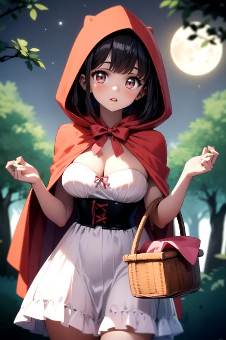 <lora:little_red_riding_hood_v0.1:1>
little red riding hood, 
1girl, dark, shadow, cowboy shot, frilled dress, night, outdoors, basket, moon,
horror \(theme\), cleavage, forest, darkness,, masterpiece, best quality, highly detailed