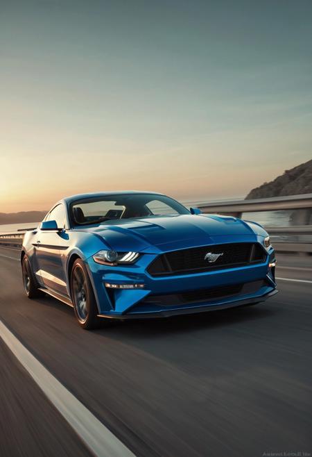 A bright Ford Mustang blue  sports car with a long sleek design speeding along a coastal highway at sunset, motion blur effect on the background to emphasize speed, muted brown and gray tones in the environment, subtle transparent green and red trading charts and financial graphs overlaid softly, conveying luxury, wealth, and dynamic elite business lifestyle, realistic lighting, cinematic atmosphere, highly detailed, photorealistic