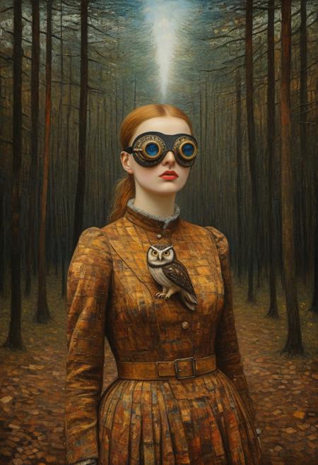 detailed photorealistic image, a steam punk fashioned woman with blindfold standing in woods, an owl is on her shoulder,  (oil painting:1.5), in (abstract art:1.5) style, (by John Everett Millais:1.1), (by Paul Klee:1.7),  directional lighting, masterpiece, perfect composition, abstract glitch, from above, masterpiece,best quality,very aesthetic, absurdres,