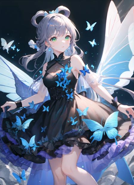 ((masterpiece)), (((best quality))), ((extremely detailed)), colorful, hdr, 1girl, solo, <lora:xiachongtest:0.75>, full body, grey hair,green eye, luotianyi (xiachong),xiachong, black and purple dress, (blue butterfly), white butterfly wings