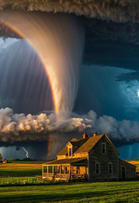 portrait, masterpiece, 4k, ray tracing, intricate details, highly-detailed, hyper-realistic, 8k RAW Editorial Photo.
A giant tornado looming over an old farmhouse, with a vibrant rainbow twisted around the tornado, lightning,  in the style of National Geographic photography. Very detailed, vibrant colors, the tornado has sucked the rainbow up.
cinematic light, dramatic light, shallow depth of field,  high budget, bokeh, cinemascope, film grain,