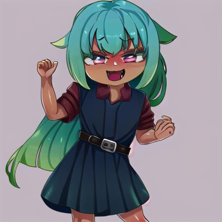 eir, 1girl, solo, green hair, dress, blush, fang, smile, open mouth, dark-skinned female, looking at viewer, belt, white background, simple background, dark skin, long hair, shirt, :d, red shirt, short sleeves, pink eyes<lora:EIR_last:1>