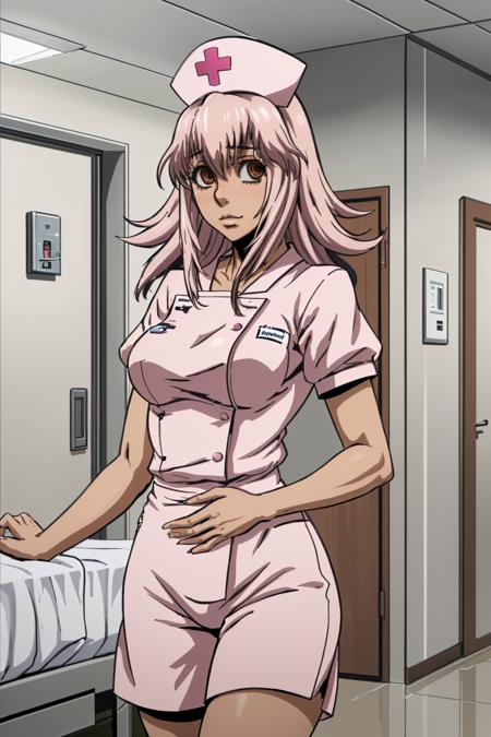 1girl, InabaUi, brown eyes, pink hair, long hair, pink nurse outfit, nurse cap, <lora:Rabbit:1>, hospital