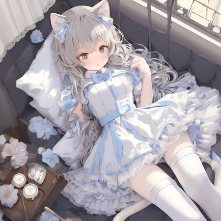 best quality,highly detailed,masterpiece,ultra-detailed,illustration,cat,gorgeous,medium breast,fine_art_parody,Bare thigh,kawaii,rainy days,silver hair,in spring,arm at side ,indoor,pixel_art,sleeping,adjusting_thighhigh,spread legs,idol,white bowties,light brown hair,lolita_fashion,thighband pantyhose,wristwatch,pout,makeup