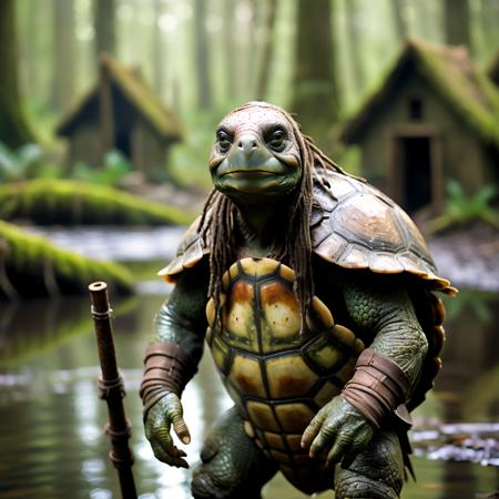 highly detailed portrait photo of a (tortle):1.0 visiting a small primitive swamp camp,

tortle, solo, looking at viewer,colored skin, shoulder armor, gauntlets, pauldrons, spear, breastplate, green skin, chainmail,

a primitive camp in a swampy jungle,

depth of field:1.2, blurry, blurry background,
realistic:1.3,

photorealistic,
fantasy, cinematic,
32k, best quality, 
god rays:1.2,
dappled sunlight:1.1,
shadow play:1.1,




