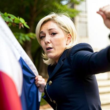 <lora:Marine_LePen-11:1> Marine lePen, punching a woman