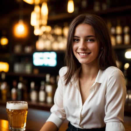 a close up photo of a 20 year old french woman in a blouse at a bar,seductive smile,dark hair,cinematic light,film still,(film grain:1.3),ultra quality,ultra detailed,150mm,dramatic light,