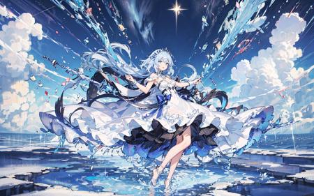 absurdres, highres,, (official art, beautiful and aesthetic:1.2), 
1girl, blue hair, middle hair, blue eyes, shining eyes, 
white long dress, Blue Frill,
blue sky, Sparkling Galaxy, (Salar de Uyuni:1.2),
(Surrealism:1.15), (fractal art:0.3),
water effects, ripple effects, (flower effects:0.65), light effects,