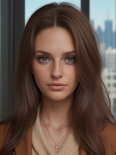 <lora:t4y10r_16SD-000007:0.9>, a (medium close up:0.8) photograph of (beautiful 25 year old) (t4y10r woman:1.1) with medium brown hair as a tech CEO,wearing a (tan sweater)and(brown suit:1.2),standing in a (conference room:1.2),presenting (statistical graphs:1.3),(large windows with cityscape in background:1.3),jewelry,(sexy smirk:0.7),lips,makeup and mascara, cinematic photograph, photorealism, realistic lighting,(bokeh),realistic shadows,masterpiece,Award-winning, 8K wallpaper,Hyperrealistic, intricate detailed, subsurface scattering, rule of thirds, detailed pupils, 35mm photograph, detailed skin texture, subsurface scattering