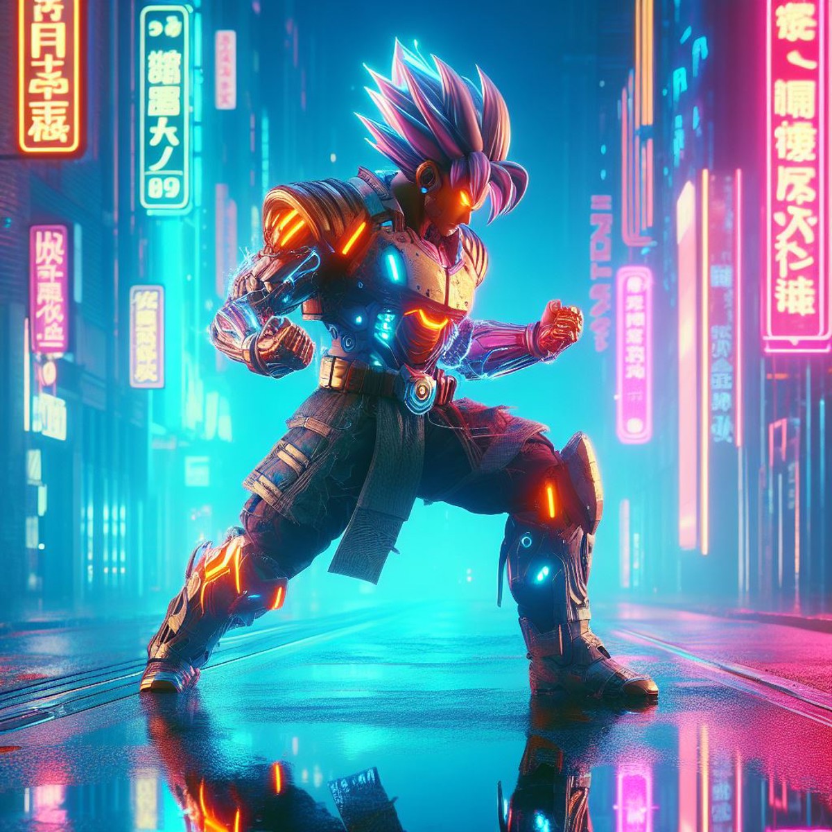 son goku wearing the armor of a cyberpunk soldier, cybernetic enhancements, cyberpunk soldier, charging his chi, power pos...
