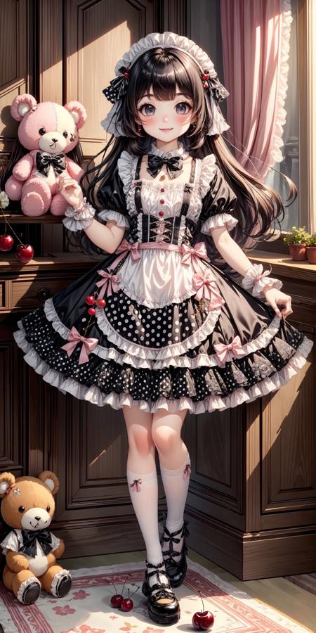 Kawaii Fashion: Black and White Polka Dot Cherry Lolita Dress V1