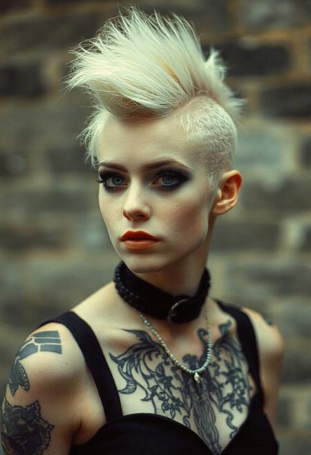 a 1980s  photo of a woman with a mohawk, by Shani Rhys James, tumblr, very very pale blond hair, iren horrors, shaved sides short top, eighties look, amy sol in the style of, gothic makeup, fluffy'', diesel punk female, clean shaved, edited