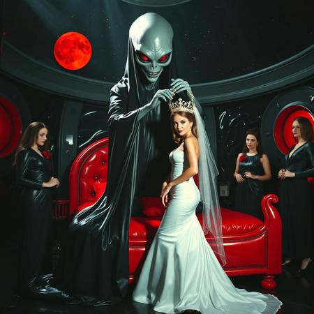 high-society elegant slender norvegian rich innocent young bride posind in front of whorish red glossy bed. She is ensnared by a towering, gray human-like alien, draped in a long, glossy black slime cloak, its eyes gleaming red with an otherworldly intensity.   its hands touching her head putting slime tentacles tiara  on her. Encased in light beam from the alien breeding chamber celling/ Surrounded by strict ladies wearing  glossy satin dominatrix attire and glossy high heels,  holding whips.   weird wet-look black slime  walls and floor, colossus observation blister to outer space full of stars, bright red moon, vintage-inspired makeup, long hairs, ultra thin waist, evil grin, porcelain skin, lipstick, red nails, in the style of a haunting, retro-futuristic 1950s sci-fi nightmare, horror, alien space base,,