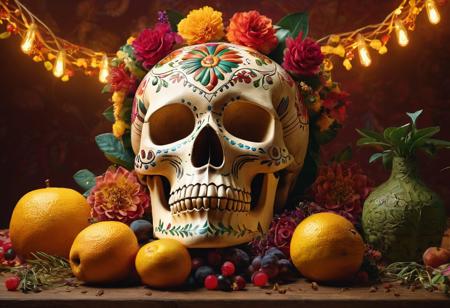 stunning still-life photo render of a Mexican Skull Calavera, surrounded by poetic ornamental elements such as fruits, flowers, garlands of lights and native plants, studio lighting, 8k