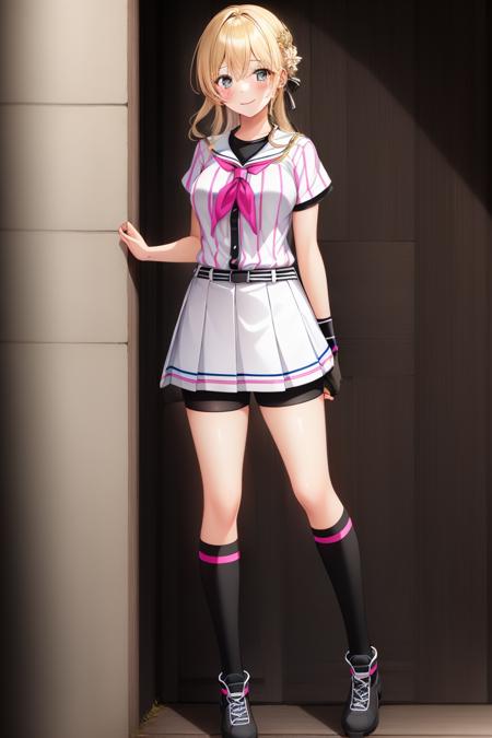 ((1girl)),blush,smile,hachinai uniform,baseball uniform,pleated skirt,outdoors,full body,high quality,high resolution,best quality,award winning,highly detailed,hyper extreme detailed BREAK blonde hair,blunt hair   <lora:hachinai_uniformV3-000016:1>