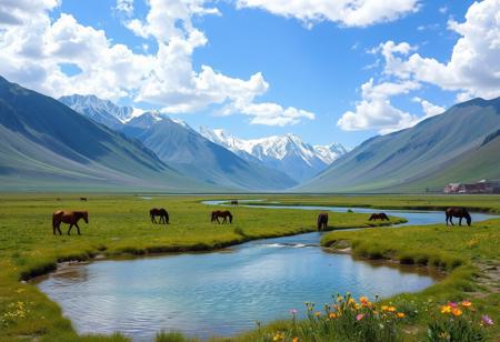 xinjiang, in the distance is the rolling snow-capped mountains, the sky is blue sky and white clouds, and nearby is a green basin. in the middle of the basin, there is water flowing from the snow-capped mountains, which flows into the lake. the lake water is clear to the bottom. there are horses grazing on the grass around the lake. there are wildflowers of various colors on the grass. very beautiful pictures, beautiful, high resolution