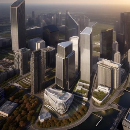 (40 storey skyscraper in a large city, aerial photograph, [twilight: 1.5], city grid, dense urban population, busy city streets, people, cars, trees, [autumn: 1.5]), Octane render, 3D exterior render, (photo-realistic render), HDR, (Nikon Z FX Prime lens ISO 100), (sharp focus), cinematic photography, lens correction, 8K, professional detail, high resolution, highly detailed, volumetric lighting, cinematic lighting, global illumination, [foggy: 0.35], [artificial lighting: 0.35], (([Bjarke Ingels : Santiago Calatrava: 0.5]))