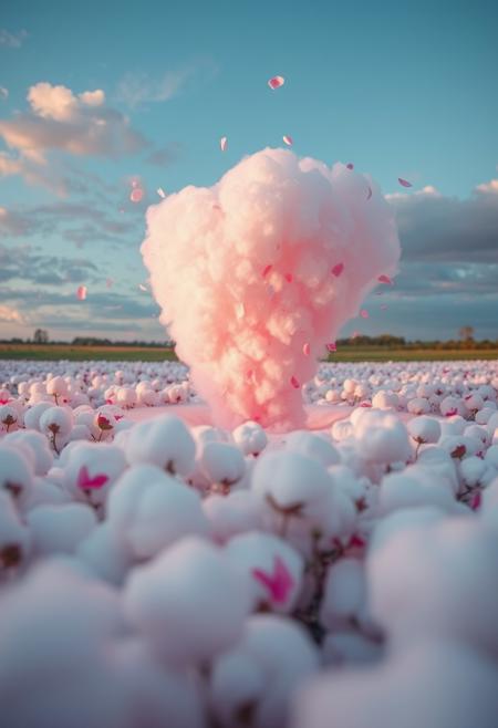 fluffy tornado of flower petals over a cotton candy landscape sending good good vibes and happiness