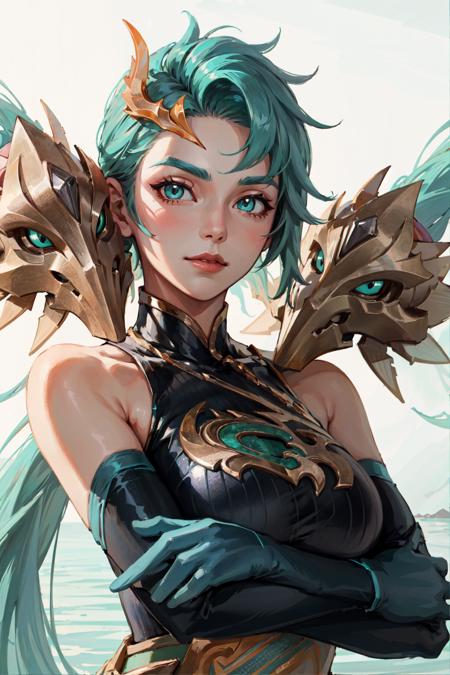 lagoon dragon kai'sa, 1girl, bodysuit, detached sleeves, hair ornament, bare shoulders, aqua hair, solo, detailed face, looking at viewer, upper body, (masterpiece:1.2, best quality)