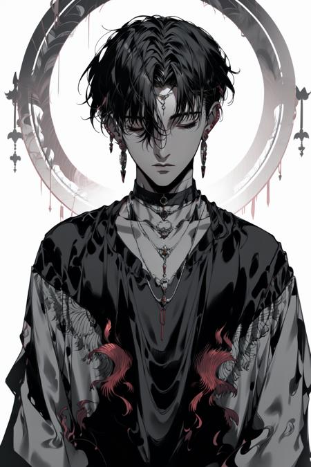 <lora:C_dark:1>solo, looking_at_viewer, short_hair, black_hair, 1boy, jewelry, closed_mouth, collarbone, closed_eyes, upper_body, male_focus, earrings, choker, necklace, dark-skinned_male, single_earring, magic_circle