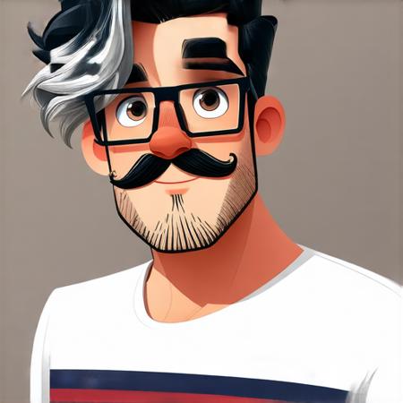 dark hair and glasses., casting a warm, white T-shirt with horizontal stripes in navy blue and red across the chest., dark hair with streaks of silver, black-framed glasses with a slight tint, dark hair with a hint of gray and is wearing large, featuring a prominent nose and a hint of a mustache. He has short, and a neatly trimmed beard and mustache.