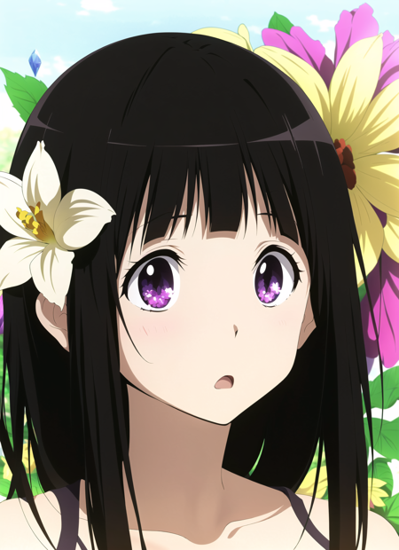 hyouka <lora:hyouka_offset:1>, masterpiece, best quality, chitanda eru, 1girl, purple eyes, long hair, black hair, flower,  hair flower, hair ornament, close-up, :o, bangs,  crystal, flowers made of crystal, abstract background, surreal, blurry