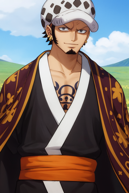 masterpiece, best quality, 1boy, trafalgar law, tdlwano, black hair, hat, chest tattoo, earrings, facial hair, long sideburns, goatee, japanese clothes, kimono, over shoulder, upper body, looking at viewer, smile, solo, blue sky, grass, meadow background <lora:TrafalgarDLawWano:1>