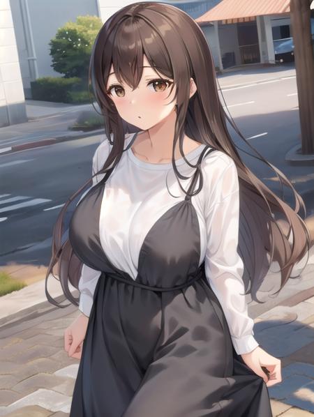 best quality, masterpiece, highres, detailed, perfect anatomy,  <lora:Detail - add_detail:0.2>,  <lyco:Clothing - SummerDress:0.8>, SummerDress, white shirt, black dress, white shirt under black dress, outdoors,  <lora:Character - ChihoNTR:0.6>, ChihoNTR, large breasts, brown hair, long hair, brown eyes,