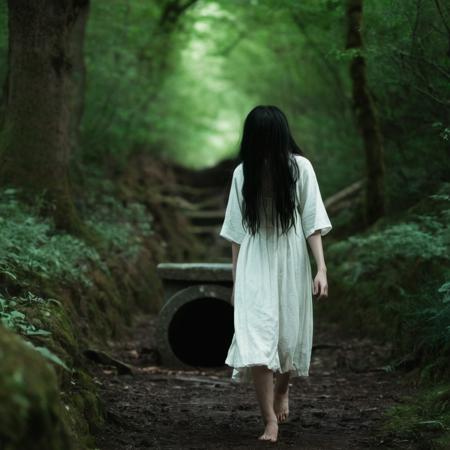 cinematic film still of  <lora:Kayako Saeki Sadako Yamamura:1>
Sadako Yamamura a woman with her hair covering her face in a white dress walking through a forest with a pit well in background,1girl,solo,long hair,black hair,dress,standing,outdoors,barefoot,from behind,white dress,tree,nature,dark,horror (theme),dirty feet,yamamura sadako , pale skin, supernatural, horror film, Japanese, extreme rage, sorrow, cinematic, film, movie, movie still, Ju-On The Grudge movie style, shallow depth of field, vignette, highly detailed, high budget, bokeh, cinemascope, moody, epic, gorgeous, film grain, grainy