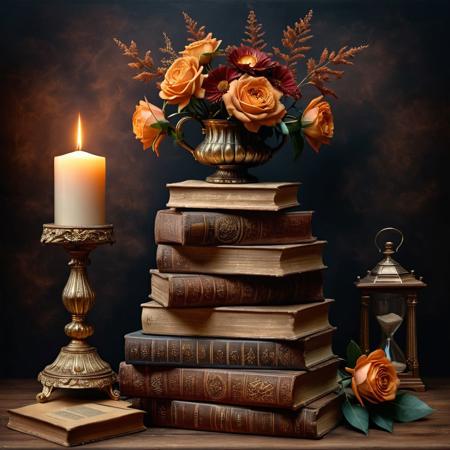 Ultra realistic full body color pencil drawn portrait of  
a stack of hardcover antique books with a sand hour-glass on top of the books, which is half done. Also a bouquet of dried flowers next to the books..
BREAK
Deep dark intense mahogany misty  background,
Dark theme, dynamic lighting, (soft shadows), (soft focus),  (photo realistic), uhd, 8k