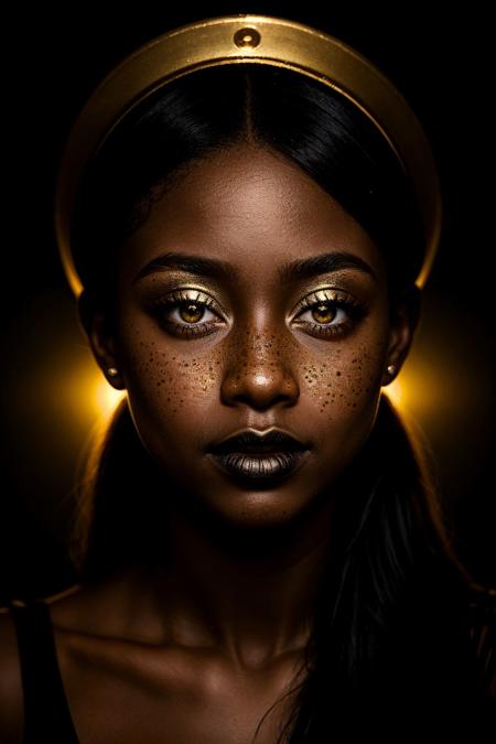 an eye contact of a Ugandan woman, (black skin:1.3), yellow spotlight, dark theme, lonely, Lavish, Matte black eyeshadow with a cut crease, metallic lipstick, golden ratio, Almond-shaped eyes, Freckles, indietronica, soft lighting, bokeh