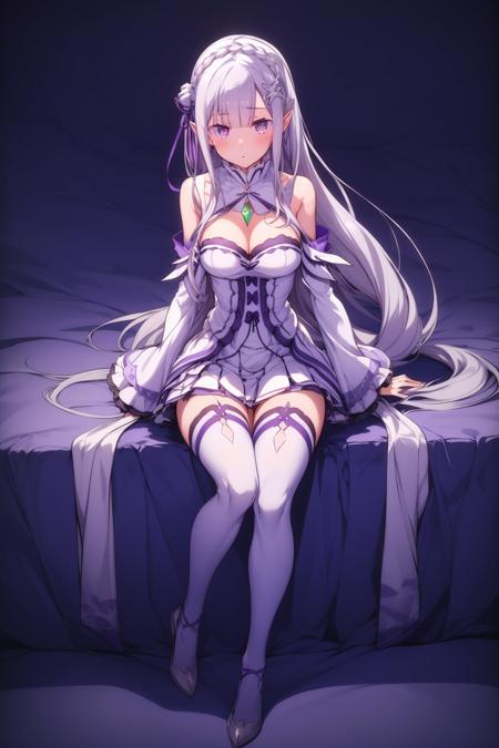 <lora:ä»é¶åé4V-000007:0.8>,ç±èèé,1girl,emilia (re:zero),pointy ears,grey hair,white hair,very long hair,blunt bangs,purple eyes,crown braid,sidelocks,x hair ornament,hair flower,purple ribbon,very long hair,
ç¬¬ä¸å­£EMTå®æ¹è¡£æ,detached collar,gem,bare shoulders,cleavage,pleated skirt,white skirt,white dress,frills,detached sleeves,wide sleeves,frilled sleeves,long sleeves,white thighhighs,<lora:add_detail:0.3>,<lora:è°æ´colorful_V1_lbw:0.3>,, Exquisite visuals, high-definition,masterpiece,best quality,Exquisite visuals,high-definition,masterpiece,best quality,18yo,Young female,Beautiful Fingers,Beautiful long legs,Beautiful body,Beautiful character design,