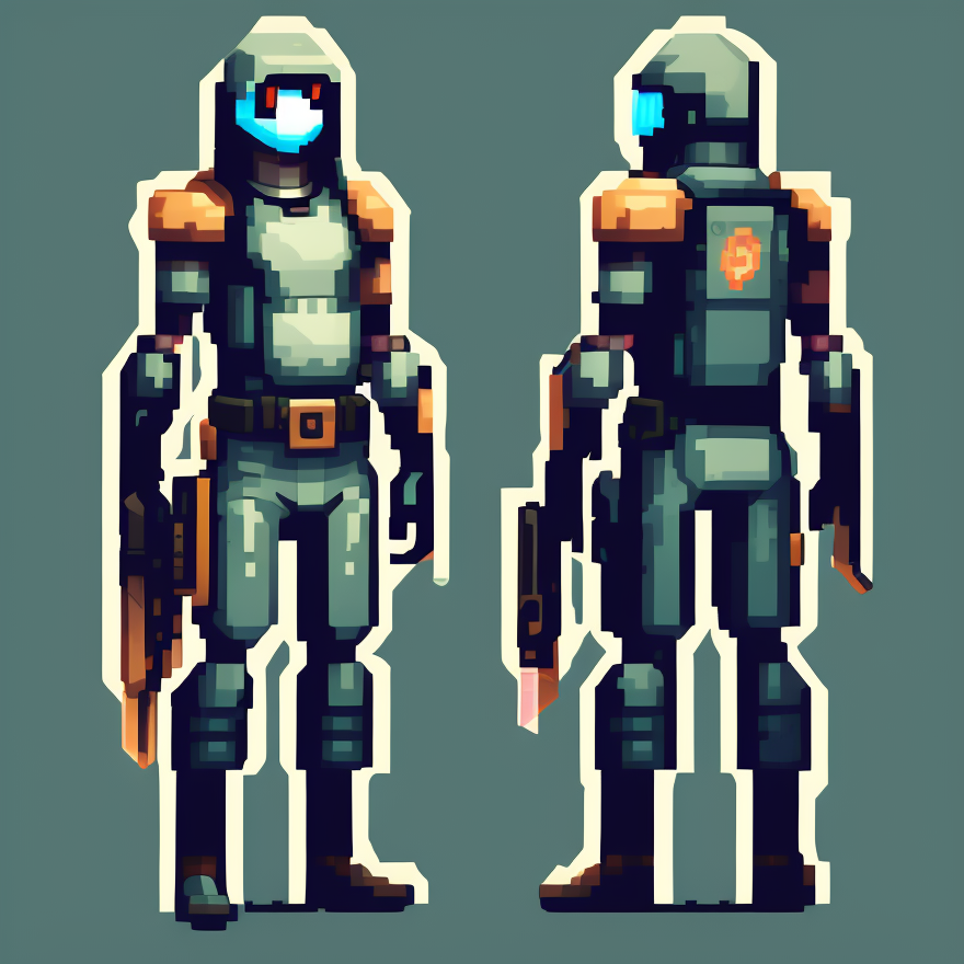 pixelart  video game character, A cybernetic assassin with a pistol, a stealth mode, and a contract to kill.