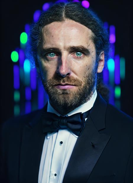 portrait of sks person in tuxedo, (perfect eyes), energetic and colorful streams of light (photo, studio lighting, hard light, sony a7, 50 mm, matte skin, pores, concept art, colors, hyperdetailed), with professional color grading, soft shadows, bright colors, daylight, <lora:locon_dobromir_v1_from_v1_64_32:1.4>