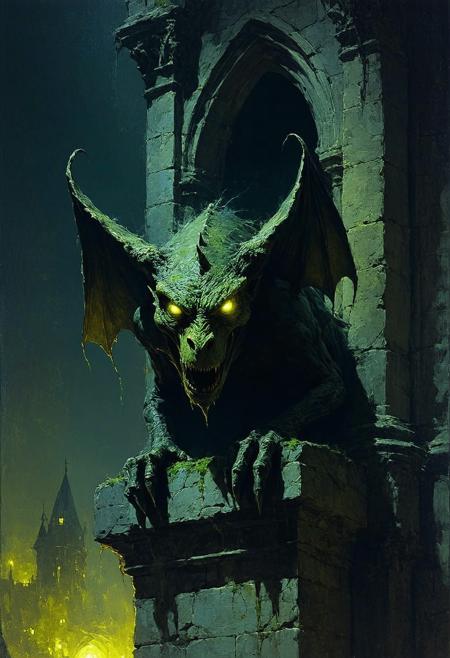 Painterly dark fantasy illustration, style of Brom and Zdzisław Beksiński. Low-angle close-up: Ancient stone gargoyle's head tilts upward, baleful phosphorescent yellow eyes glowing intensely from deep sockets. Weathered, pitted stone covered in grime and faint moss, rendered with visible, textured brushstrokes. Dramatic moonlight carves sharp highlights against abyssal shadows. Swirling nocturnal mist clings to the cathedral spire perch. Atmosphere of brooding menace, ancient sentience awakened. Hints of distant, blurred medieval city lights far below.