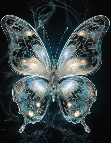 Biomechanical butterfly with porcelain-like wings, transitioning from pure ghostly white at the center to inky black at the tips. The wings adorned with glowing golden veins, slightly translucent, and intricate detailing. The butterfly’s thorax morphs into a mass of tendrils resembling neural pathways or delicate roots, which extend outwards and dissolve into a surreal, fluid abyss. Background: flowing organic textures resembling marble or liquid, softly glowing, with intertwined glowing threads or tendrils emanating from the butterfly. The overall atmosphere is ethereal, otherworldly, with a soft surreal elegance. The butterfly glows gently, suspended between worlds, surrounded by a mystical energy. A play of light and dark creates a beautifully surreal, mesmerizing, and intricate scene.