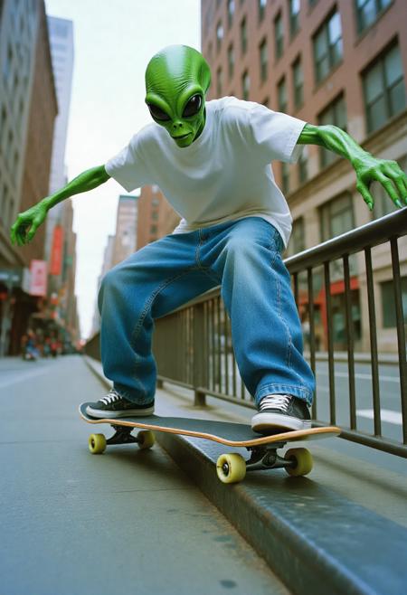 a y2k style photograph low angle shot of an alien with green skin wearing hiphop style clothing with baggy blue jeans and a plain white tshirt skateboarding through a city street. The alien is rideing the skateboard along a metal railing as the alien balances on the board with his arms streached out beside him. The shot is taken with a y2k photography style with a slight fish-eye lense. The alien is grinding along the railing, the skateboard is on top of the railing. The photograph captures the full scene. captured from floor level.