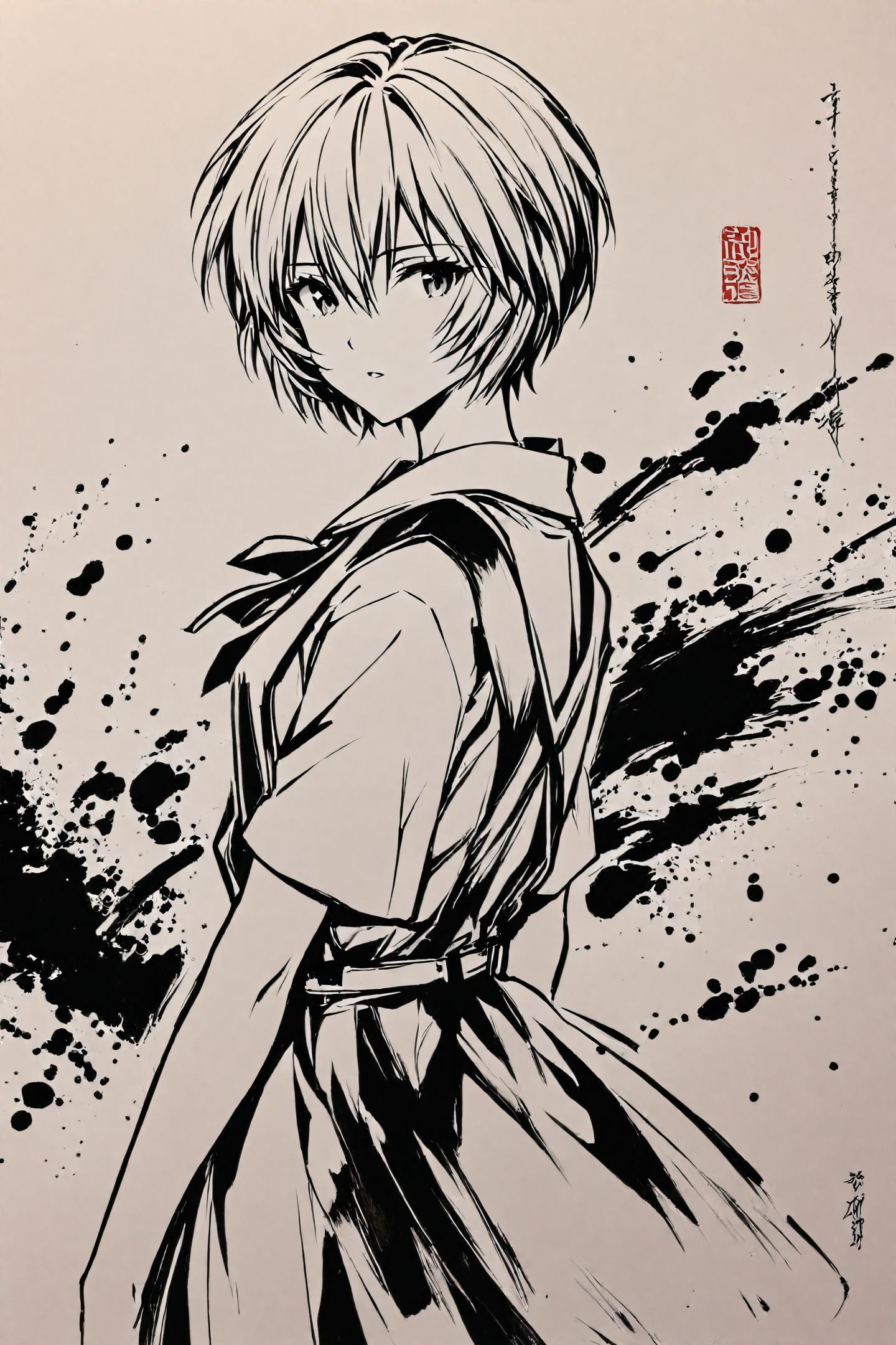 (monochrome,greyscale,ink \(medium\):1.5),1girl,ayanami rei,solo,short hair,school uniform,tokyo-3 middle school uniform,signature,short sleeves,hair between eyes,suspender skirt,bangs,shirt,cowboy shot,looking to the side,skirt,white shirt,looking at viewer,parted lips,suspenders,artist logo,traditional media,
<lora:okazu_illustriousXL:1>,