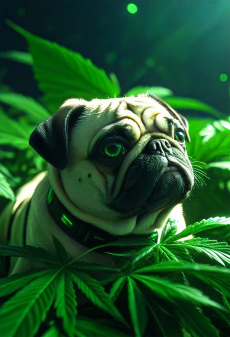 420futurism, closeup shot, from side, pug made of leaves, green leaves, cinematic, cinematic lighting, (masterpiece, best quality:1.4), ultra-high res, 4k, Photorealistic, insanely detailed, sfw,