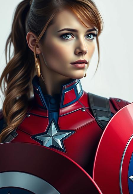 close view, extraordinarily pretty woman dressed as Captain America, powered futuristic outfit, red and blue suit, ponytail, holding  round shield, swept bangs, white background, simple background