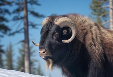 very realistic photograph close-up of a  musk ox  in the snow, forest background of pine, fir and white spruce and birch, blue sky with cirrus cloud and slightly hidden sun