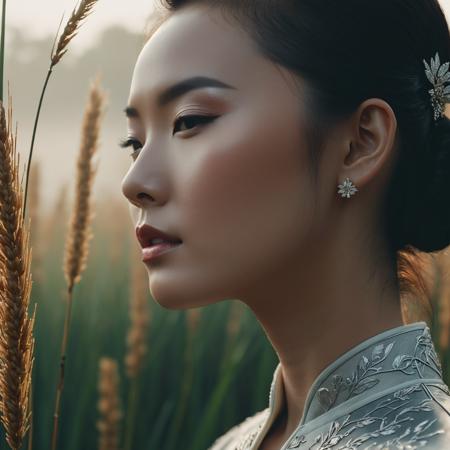 (intricate detail, beautiful/handsome:1.2) ,Friarmoody lighting, traditional Chinese 21yo, Sexy Country Style, traditional Asian, Portrait of haute couture Aesthetically Pleasing fashion model, ethereal dreamy foggy, photoshoot by alessio albi, editorial fashion magazine photoshoot, fashion poses, in front of reeds. kinfolk magazine. film grain, (((dark shot))) , (natural skin texture, hyperrealism, soft light, sharp) , Skin Shine,Shiny Skin,Luscious skin, Smile,Chaos mode,unique details,full body