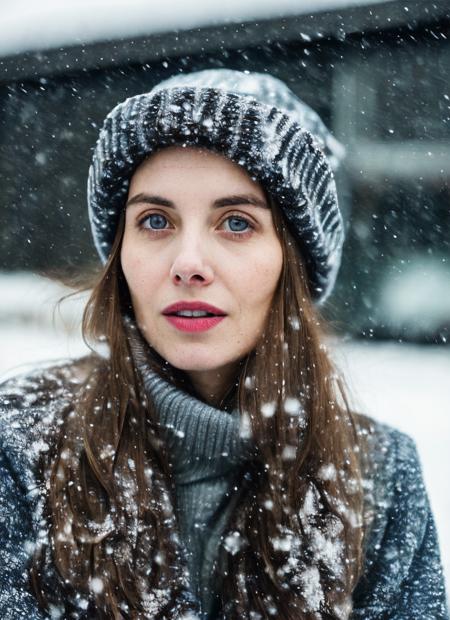 analog style, modelshoot style, RAW photo of a sks woman, sitting in outdoor car ,winter ,snowy , ((wearing cap)), (detailed face), grunge, ((visual kai)),  ((full body)), (high detailed skin:1.2), 8k uhd, dslr, soft lighting, high quality, film grain, Fujifilm XT3, <lora:locon_alisonbrie_v1_from_v1_64_32:1.3>