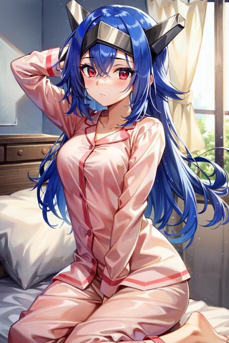 <lora:Lea:1>, leaCode, 1girl, solo, open hair, red eyes, pajamas, on bed, messy hair,, masterpiece, best quality,