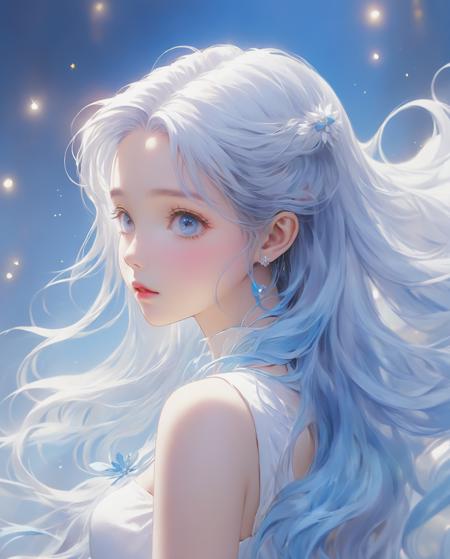 (((masterpiece,best quality))),((good structure,Good composition,good atomy)),((clear, original,beautiful)),1girl,long hair,( white blue theme:1.3),qingsha,seecolor,looking down,