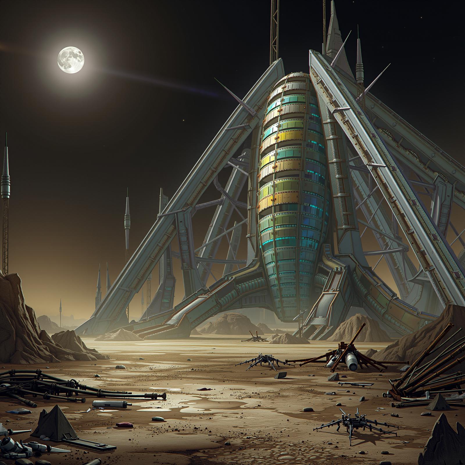 Sci-fi landscape, derelict alien structure, holographic iridescence, massive metal arches, dark skies, damaged antennas. Ground littered with debris, scattered wreckage, distant moon, dim light.