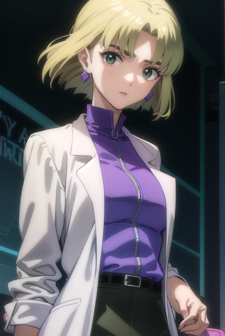 ritsukoakagi, <lyco:ritsuko akagi rebuild-lyco-nochekaiser:1>,
ritsuko akagi, short hair, blonde hair, mole, mole under eye, (parted bangs:1.5), (green eyes:1.5),
BREAK lipstick, skirt, jewelry, pantyhose, earrings, belt, pencil skirt, labcoat, shirt, purple shirt, turtleneck, zipper,
BREAK indoors, laboratory,
BREAK looking at viewer, (cowboy shot:1.5),
BREAK <lyco:GoodHands-beta2:1>, (masterpiece:1.2), best quality, high resolution, unity 8k wallpaper, (illustration:0.8), (beautiful detailed eyes:1.6), extremely detailed face, perfect lighting, extremely detailed CG, (perfect hands, perfect anatomy),